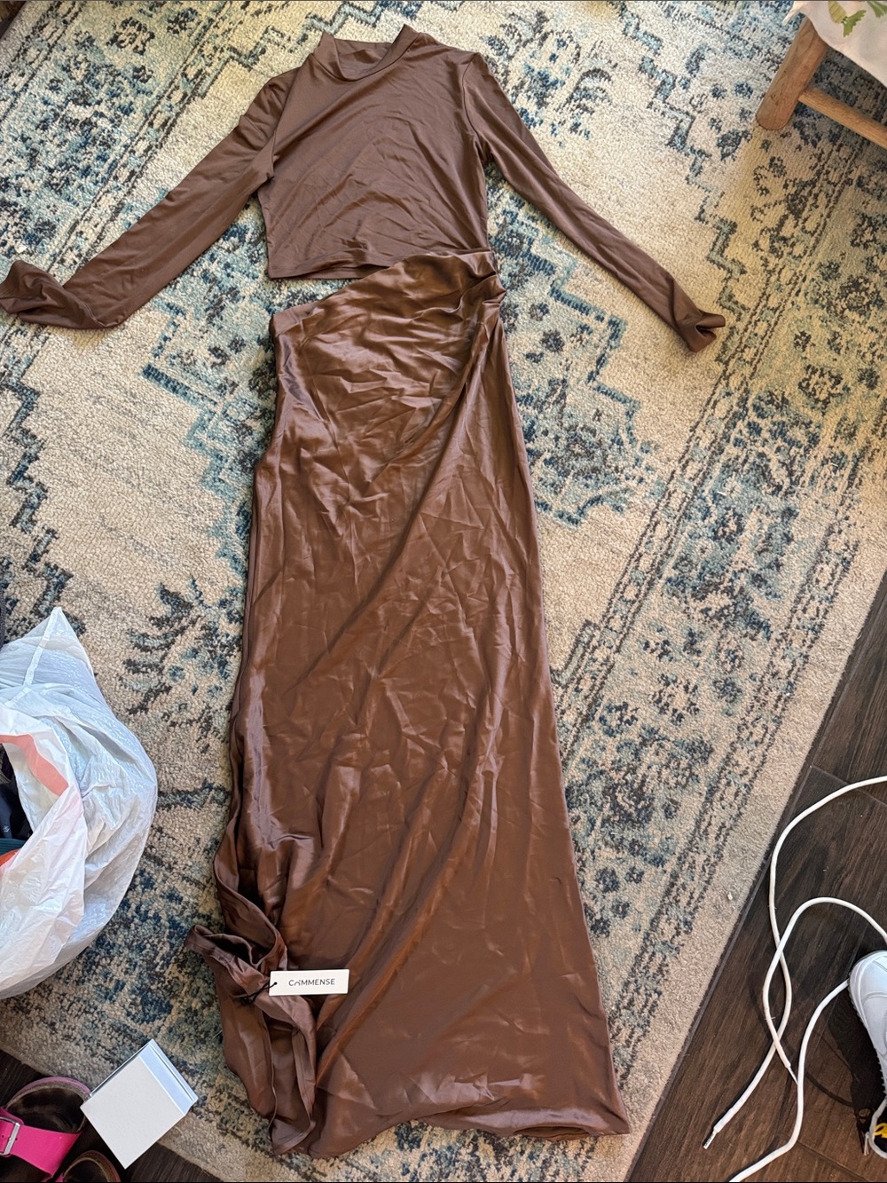 Commense satin panel mock neck long sleeve maxi dress